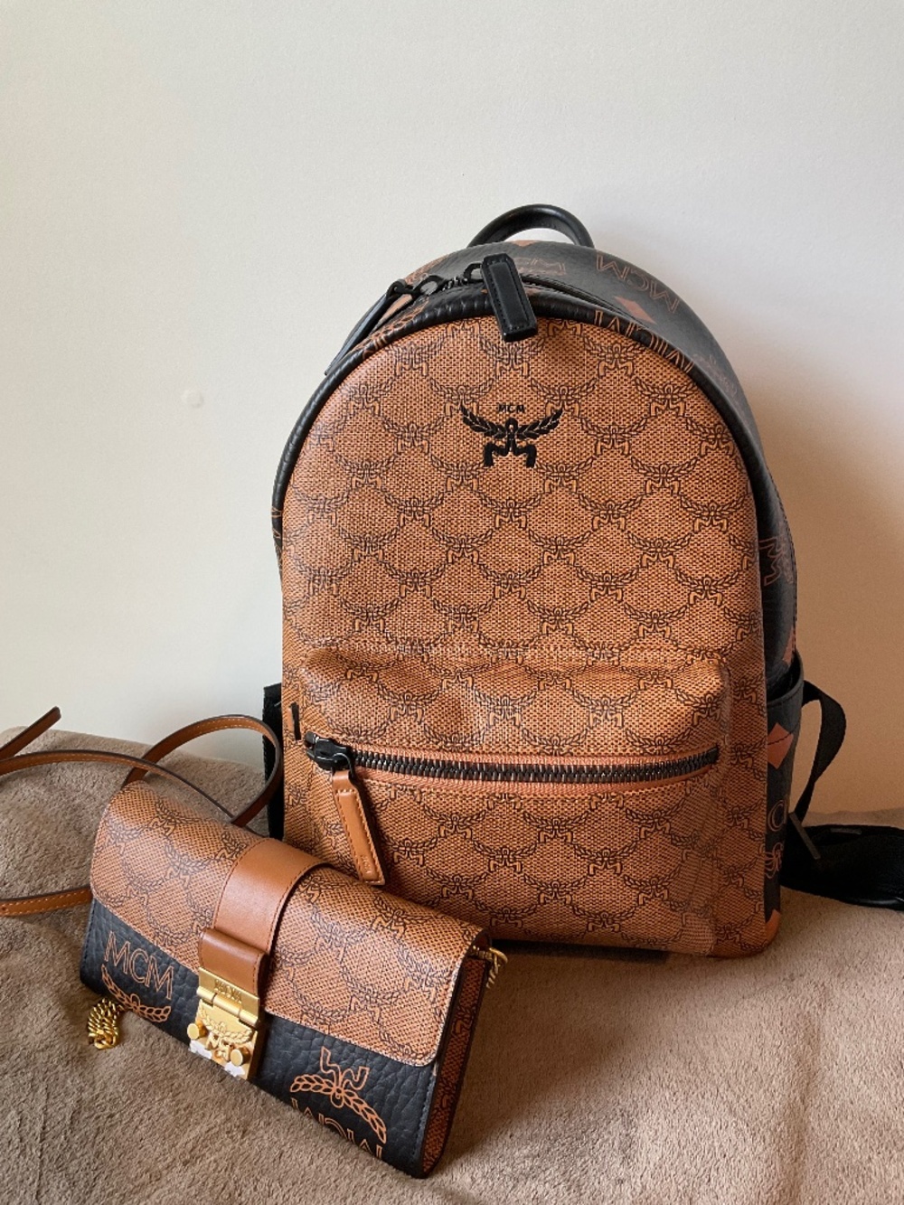MCM Stark Mixed Monogram Canvas Backpack  and Wallet on Chain